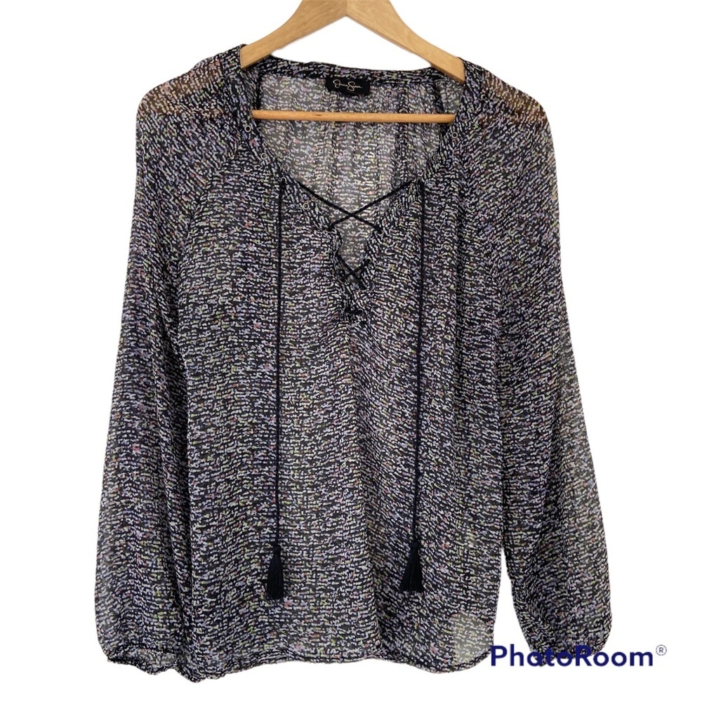 JESSICA SIMPSON MULTI COLOURED SHEER TOP/BLOUSE WITH LACE UP FRONT, SIZE LARGE